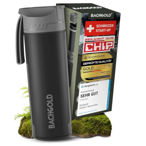 Bachgold Selfpress Wasserfilter Outdoor Trinkflasche, 500 ml, Schwarz | Entfernt 99,99% Bakterien, Mikroplastik & Chlor – Hohlfaser + Aktivkohle für sauberes Trinkwasser – Camping, Wandern, Notfall