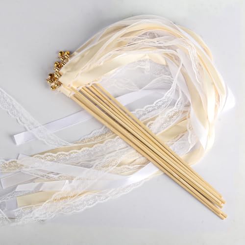 10 Stück Wedding Wands Hochzeit, Spalier Hochzeitsdeko, Zauberstäbe Hochzeit Luftschlangen mit Glocke, Hochzeit Stäbe Seidenfeenstab für Hochzeiten Feiertagsfeiern Geburtstage Partys(Beige)
