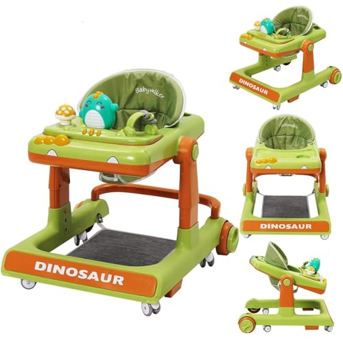 Lauflernwagen Baby Dinosaurier mit Musikalischem Spielset,Fußstütze,Höhenverstellbar,360° Geräuscharm 6 Räder,mit Bremsunterstützung,Baby Walker Lauflernhilfe Geeignet für Babys Ab 0+
