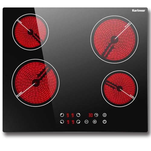 Karinear Kochfeld 4 Platten 6000W, Glaskeramikkochfeld 60cm Autark Einbau, Touch-Steuerung, Herdplatte 4 Kochfelder mit Timer, Sicherheitsverriegelung, Restwärmeanzeige, 240V, Kein Stecker