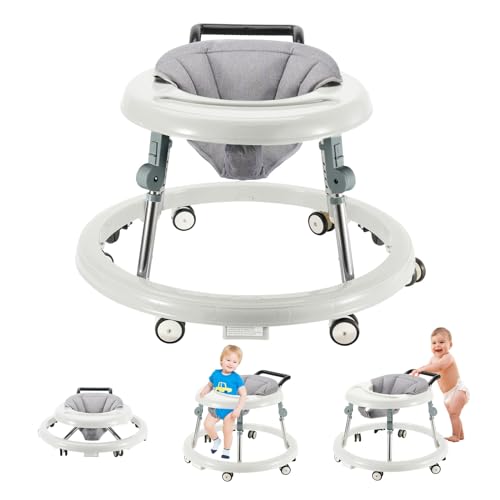 Baby Walker mit Rädern, Aktivitätszentrum mit stummen Rädern, Anti-Rollover, 5-fach höhenverstellbar, faltbarer Baby Walker (Weiß)
