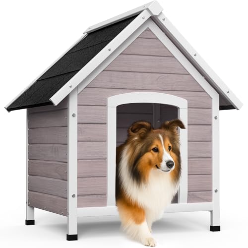 VOUNOT® Hundehütte Outdoor aus Holz, Winterfest & isoliert, Hundehaus mit wasserdichtem Bitumendach, abnehmbarem Boden und rutschfesten Füßen, Grau