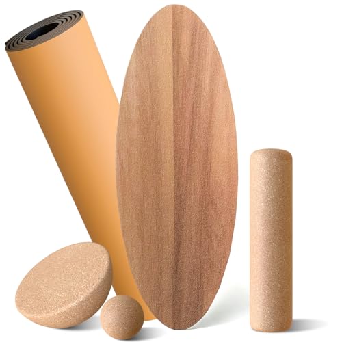 Balance Board aus Holz für Erwachsene – Rocker Shape Design mit rutschfester Oberfläche, inkl. Korkrolle, Halbkugel, Balanceball und Matte