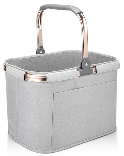 30L Einkaufskorb Faltbar Stabil Groß Tragekorb Picknickkorb Klappkorb Einkaufstasche mit Aluminiumgriff Große Einkaufskörbe(40x28x27cm) mit Stützstangen Für Reisen, Picknick, Einkaufen