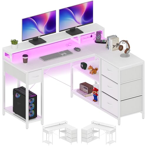 YITAHOME L Form Schreibtisch mit USB Ladeanschluss und Steckdose,Reversible Eckschreibtisch mit 4 Schubladen und Regal,Gaming Schreibtische mit Monitorständer,140x100 cm Computertisch für Büro,weiß