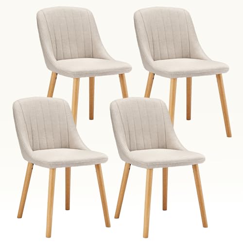 Goeurvant Esszimmerstühle Beige 4er Set Holzbeine Polsterstuhl Küchenstuhl aus Polyester Stühle Esszimmer Wohnzimmerstuhl für Esszimmer Küche Büro