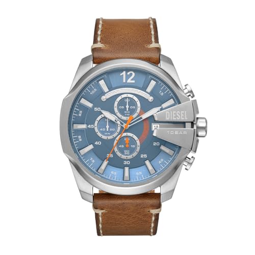 Diesel Herrenuhr Mega Chief, QuarzChronographenwerk, 51mm Silbernes Edelstahlgehäuse mit Lederarmband, DZ4458