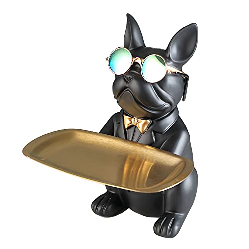 Vinbcorw Coole Bulldogge Skulptur Französisch Statue mit Edelstahl Tablett, Statue, Tischdekoration, Mode, Heimtextilien, Multifunktion, Schreibtisch Lagerung,Schwarz,B