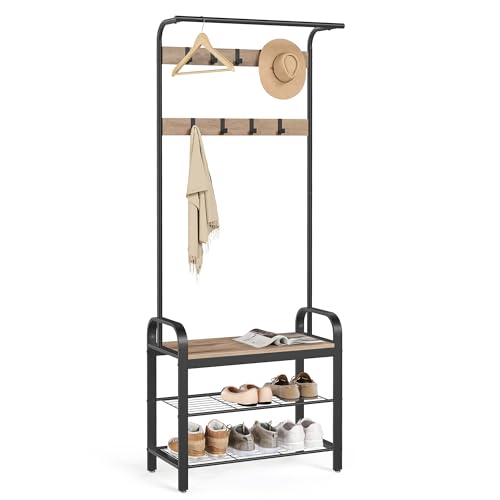 VASAGLE Garderobenständer, Garderobe, mit Schuhbank, 4-in-1 Design, 9 abnehmbare Haken, Kleiderstange, Eingangsbereich, Flur, 33,7 x 72 x 183 cm, Industrie-Design, Kamelbraun -tintenschwarz HSR040K02