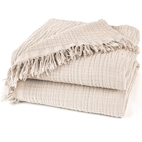 Pure Label Musselin Decke 220x240cm - Oeko-Tex zertifizierte Tagesdecke aus 100% Baumwolle | Musselin Wohn- & Kuscheldecke für Couch und Sofa in XXL | 220 x 240 cm, Farbe der Decke Beige