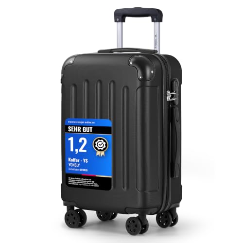 YONSLY Koffer Suitcase M Schwarz, Trolley Reisekoffer, Rollkoffer Handgepäck, Kabinenkoffer mit 4 Rollen 360°, Hartschalenreisekoffer, Zahlenschloss, Weicher Gummigriff