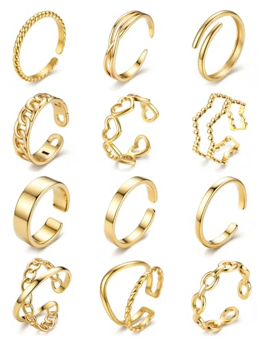 JeweBella 12 Stück Ringe Gold Silber Wasserfest Ring Damen Edelstahl 18K Vergoldete Trendy Stapelbare Offene Ringe Set Frauen Verstellbar Daumenring Fingerring Stapelringe Damen Schmuck