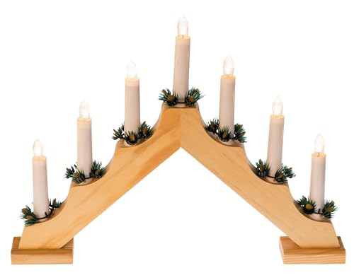 Idena 8582088 - LED Adventsleuchter mit 7 LED Kerzenlichtern in Warmweiß, Schwibbogen aus naturfarbenem Holz, mit Ersatzlampe und Schalter, Deko für Innen, als Winter-, Advents- und Weihnachtsdeko