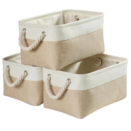 Mangata 3 Stück aufbewahrungskorb Stoff, Kleine aufbewahrungsbox Schrank, Korb aufbewahrung Stoff mit Baumwolle Seil für Spielzeug, kleiderschrank, Regale, Kleidung (Faltbare, Khaki-Weiß)