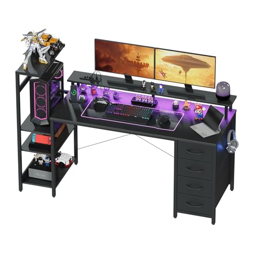 YOUDENOVA Gaming Schreibtisch 150 * 50cm,Gaming Tisch mit LED-Beleuchtung & Steckdose,Computertisch mit Schubladen,Carbon Fiber Schwarz