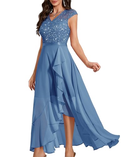 Bbonlinedress Abendkleid elegant für Hochzeit Glitzer Kleid Chiffon Abschlusskleid lang festliches Spitze Brautkleid mit Pailletten Party Ballkleid Cocktailkleid Grey Blue L
