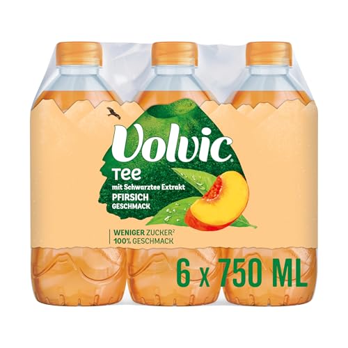 Volvic Tee Pfirsichgeschmack – Erfrischungsgetränk mit Schwarztee-Extrakt – Zuckerreduziert – 6 x 0,75 l