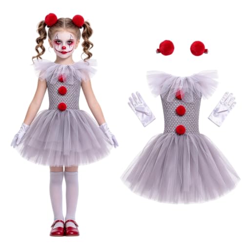 Horror Clown Kostüm Kinder Mädchen Zirkus Performance Dress Böser Clown Kleid mit Haarspangen & Handschuhen, Gruseliges Halloween Kostüm Kinder Tutu Kleid für Karneval, Fasching & Cosplay Party