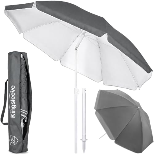 Kingsleeve® Sonnenschirm UV 50+ Tragetasche groß Strandschirm wasserabweisend neigbar höhenverstellbar Erdspieß Balkon Strand Rund Gartenschirm Anthrazit