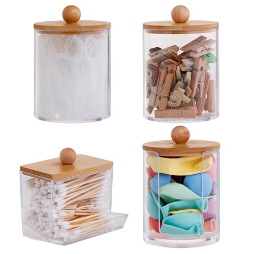 4 Stück Wattestäbchen Behälter,Cotton Buds Container Dispenser,Make-up-Organizer-Set,Wattepadspender zur Aufbewahrung im Schlafzimmer, Bad und Wohnzimmer (Bambusabdeckung)