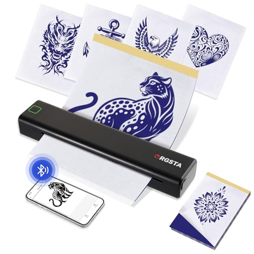 ORGSTA S008 Tätowier Schablonendrucker Bluetooth Thermodrucker Tattoo mit 10 Stück Papier, Tattoo Vorlage Ducker Kabelloser Thermodrucker für Künstler und Anfänger