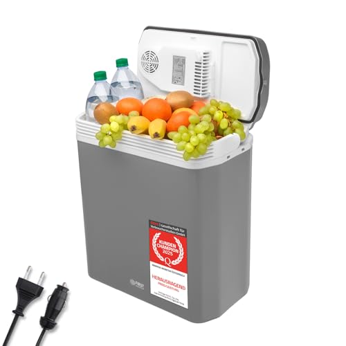 TZS First Austria - Kühlbox 24L elektrisch 12V 230V Anschluss für Auto & Steckdose - Thermoelektrische Cool Box kühlt & wärmt - Mini Kühlschrank mit Griff - Für Camping, Festivals, Reisen - Grau
