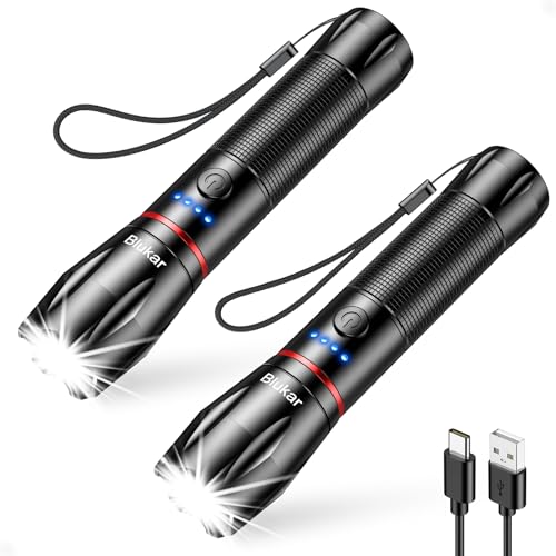 Blukar LED Taschenlampe Aufladbar, 2 Stück 2000L Extrem Helle Zoombare Taschenlampen mit 5 Lichtmodi & Langer Betriebsdauer, IPX6 Wasserdichte Handlampe für Camping, Wandern, Angeln, Notfäll