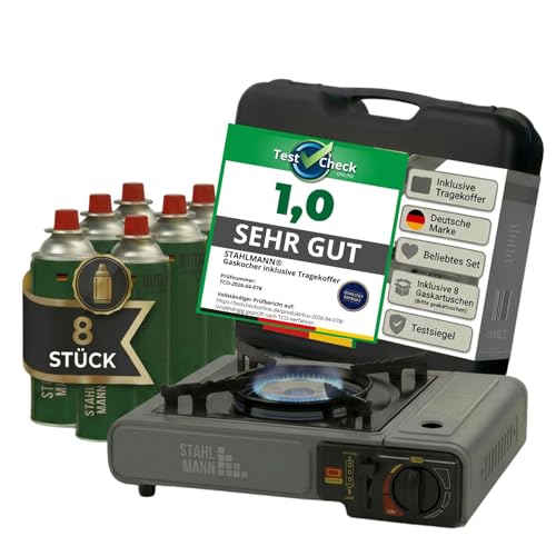 STAHLMANN® Gaskocher [inkl. 8x Gaskartuschen] – Campingkocher mit Gaskartusche - Gaskocher mit Kartusche mit Piezozündung - Notfall Ausrüstung (8 Kartuschen)