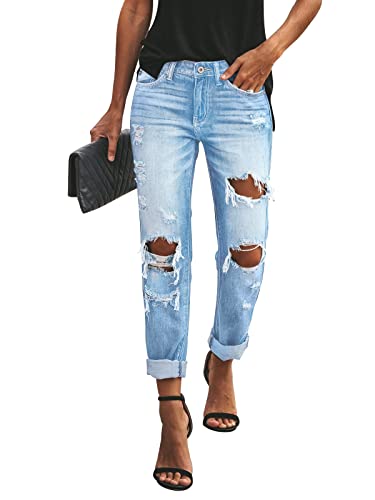 KUNMI Damen Ripped Boyfriend-Jeans mit mittlerer Taille, Lockerem Schnitt und elastischem Denim, Groß