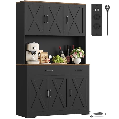 HOCSOK Küchenschrank 105x180 cm (BxH), Buffetschrank Schwarz, Sideboard mit Steckdosen, Verstellbare Einlegeböden, Arbeitsplatten und 2 Schubladen, Vorratsschrank für Küche, Wohnzimmer, Esszimmer
