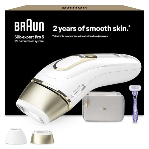 Braun IPL Silk Expert Pro 5 – IPL Geräte Haarentfernung, Dauerhafte und Schmerzfreie Haarentfernung für Zuhause – inkl. Etui, Venus Rasierer, 2 Aufsätze, Designed In Germany – PL5157, Weiß/Gold