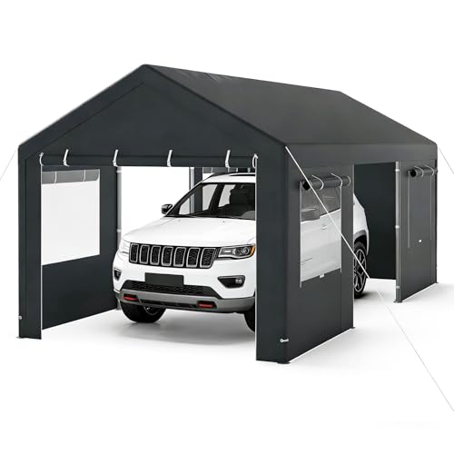 GYMAX extra großes Carport Zeltgarage, Lagerzelt mit aufrollbaren Fenstern, abnehmbaren Seitenwänden &Türen, wasserfeste PE-Plane, wetterfeste Autogarage für Auto, SUV (3 x 5.8 m,Dunkelgrau)