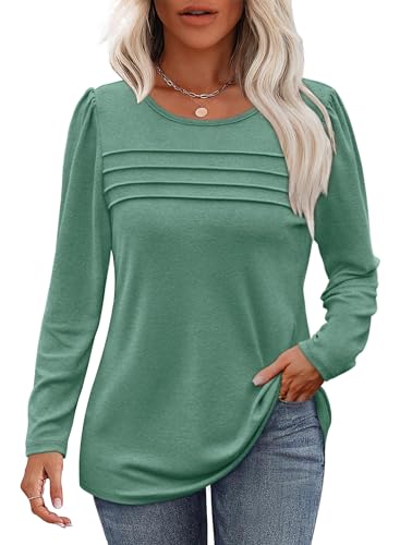 Cuptacc Langarmshirt Damen Rundhals Locker Oberteile Damen Tshirt Falten Puffärmel Mit Knöpfen Longshirt Langarm LightGreen XL 46-48