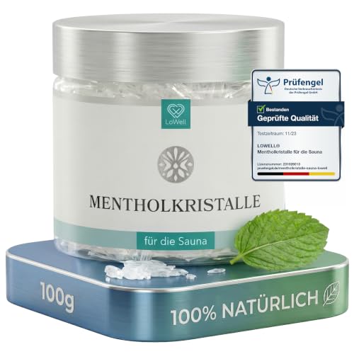 LoWell® Mentholkristalle 100g aus 100% reiner Minze – intensive Sauna Kristalle für einen frischen Menthol-Duft – Sauna-Aufgussmittel in wiederverschließbarer Dose für Sauna & Wellness