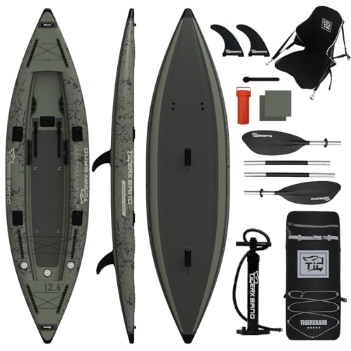 TIGERXBANG Aufblasbares Angelkajak mit Sitz, 386 x 102 x 27 cm SUP Kajak Set für Erwachsene & Kinder, Fishing Kayak mit Paddel, Handpumpe, Rucksack & Zubehör für Angeln und Touring