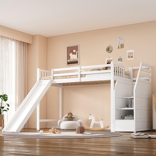 Hochbett 90x200, Kinderbett mit Rutsche & Ablageleiter, Jugendbett mit Rausfallschutz & Lattenrost, Funktionsbett Etagenbett Stockbett Kinderhochbett Jugendhochbett Bettrahmen, Kiefernmassivholz, Weiß