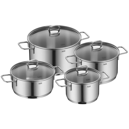 Silit Alicante Topfset 4-teilig, Töpfe mit Glasdeckel, Induktionstöpfe, Edelstahl poliert, Topf Induktion, unbeschichtet, backofengeeignet