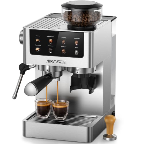 AIRMSEN 20 Bar Siebträgermaschine mit Kegelmahlwerk & Milchschäumer, 1.8L Wassertank, Edelstahl Espressomaschine Kaffeemaschine für Americano, Cappuccino und Latte