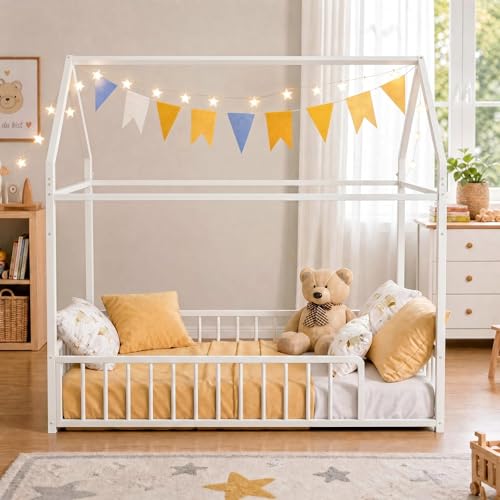 IRONCK Bett mit Rausfallschutz, Hausbett 90x200 cm, Bodenbett, Weiß