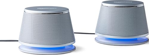 Amazon Basics Stereo-2.0-Lautsprecher für PC oder Laptop, 3,5-mm-AUX-Eingang, USB-Stromversorgung, 1 Paire, Silber