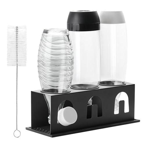 ACTIV CUISINE Flaschenhalter für Sodastream Duo Crystal Flaschen, 3er Edelstahl Abtropfhalter Abtropfständer Abtropfgestell mit Schutzringe, Abtropfmatte, Deckelhalter und Flaschenbürste, Schwarz