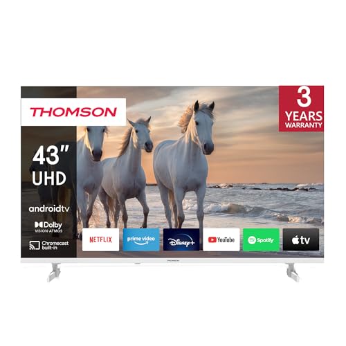 Thomson 43 Zoll (109 cm) 4K Ultra HD Weiß Smart Android TV, Google Assistant, Wi-Fi, Dolby Digital, Bluetooth, Triple-Tuner (Kabel,Satellit,Antenne), HDMI, CI+, A+ Panel – 43UA5S13W