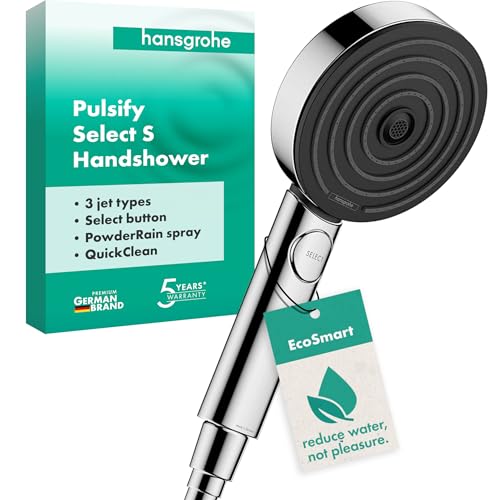 hansgrohe Pulsify Select S - wassersparender Duschkopf 6,9 l/min (EcoSmart), Handbrause mit 3 Strahlarten, 105 mm Duschbrause, Sparduschkopf mit Antikalk-Funktion, Chrom, 24111000