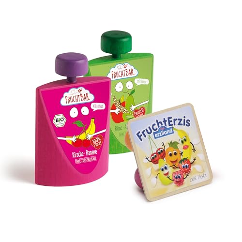 Erzi 03092 Kaufladenartikel für Kinder aus Holz, Set FruchtErzis und Quetschie Birne und KiBa von Fruchtbar, Rollenspiele