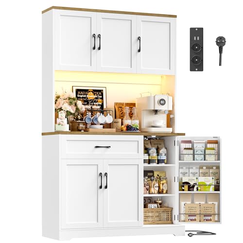 FirFurd 180cm Küchenschrank mit LED & Gewürzregal Buffetschrank Sideboard für Küche mit Steckdosenleiste Küchenschrank mit Arbeitsplatte Küchenbuffet Küchenmöbel 180x100x38cm weiß