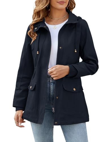 Vancavoo Übergangsjacke Damen Jacke Outdoor Kurzmantel Frühjahr Elegant Frühjahrsjacke Leichte Gefütterte Winterjacke Baumwolle Parka mit Kapuze mit Kordelzug für Frühling Sommer Herbst,Marineblau,L