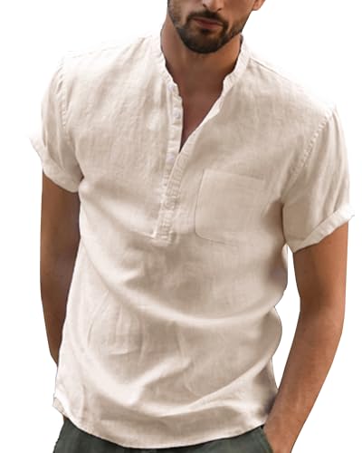 DUOLUVA Strandhemd Herren Leinen Shirts Männer Kurzarm Khaki L