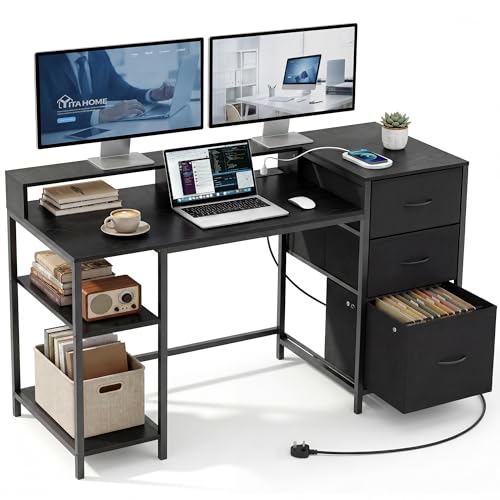 YITAHOME Computer Schreibtisch mit Schubladen Steckdose, Gaming Tisch mit Monitorständer & Regalen, Eckschreibtisch mit Stauraum & Dateischublade, 144x50 cm Computer Tisch für Büro, Schwarz