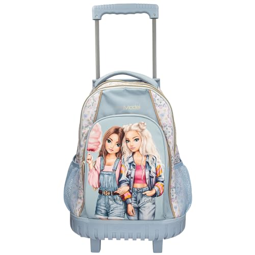 Depesche 14022 TOPModel Festival Fun - Schulrucksack Trolley in Dunkelblau und Creme, mit Model Motiv und Blumen-Muster, Schultasche mit Teleskopgriff und Rollen