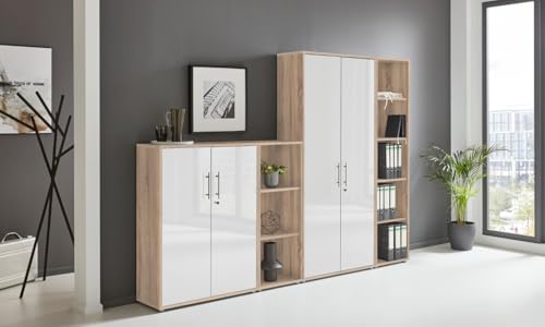 Schrankwand Office Edition abschliessbarer Aktenschrank Büroschrank Büromöbel Regal in Eiche Sonoma/Weiß Hochglanz (Set 4)